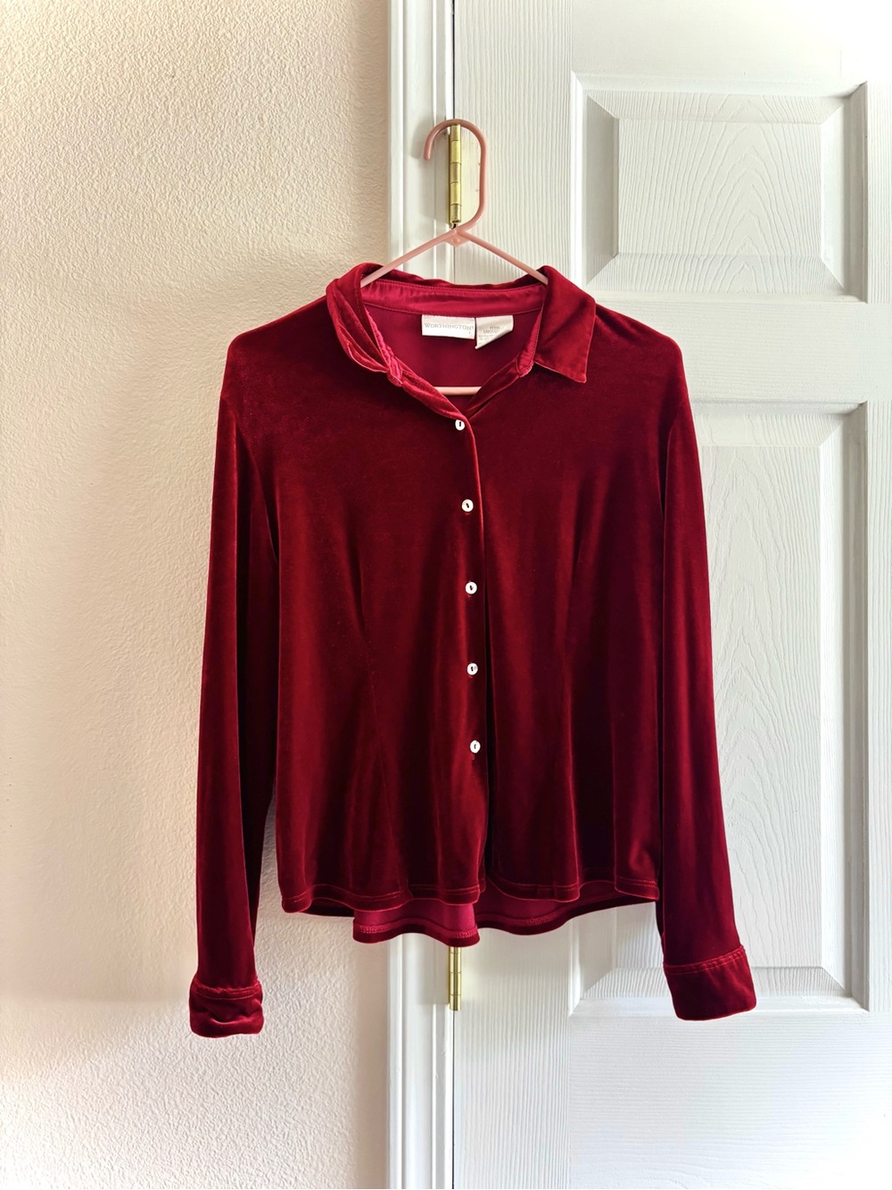 Worthington Womens Long Sleeve Button Down Red Velvet Top Large Petite